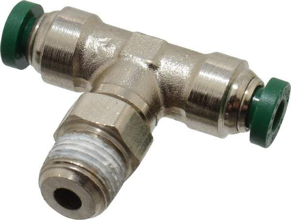 Parker - 5/32" Outside Diam, 1/8 NPTF, Nickel Plated Brass Push-to-Connect Tube Male Swivel Branch Tee - 300 Max psi, Tube to Male NPT Connection, Buna-N O-Ring - Eagle Tool & Supply