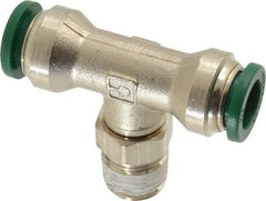 Parker - 3/8" Outside Diam, 1/4 NPTF, Nickel Plated Brass Push-to-Connect Tube Male Swivel Branch Tee - 300 Max psi, Tube to Male NPT Connection, Buna-N O-Ring - Eagle Tool & Supply
