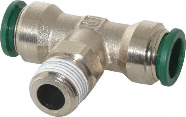 Parker - 1/2" Outside Diam, 3/8 NPTF, Nickel Plated Brass Push-to-Connect Tube Male Swivel Branch Tee - 300 Max psi, Tube to Male NPT Connection, Buna-N O-Ring - Eagle Tool & Supply