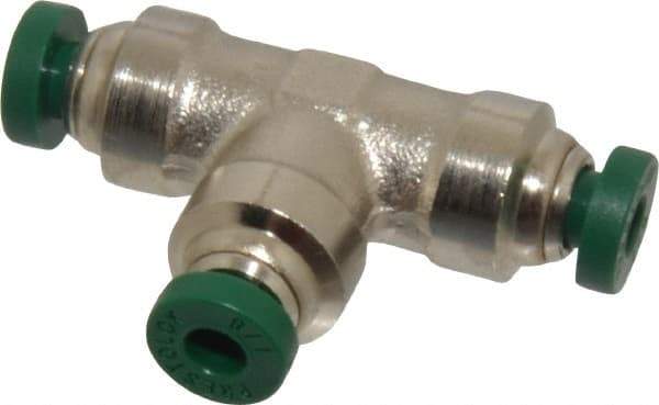 Parker - 1/8" Outside Diam, Nickel Plated Brass Push-to-Connect Tube Union Tee - 300 Max psi, Tube to Tube Connection, Buna-N O-Ring - Eagle Tool & Supply