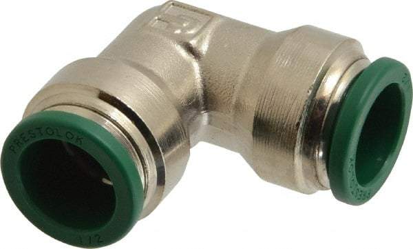 Parker - 1/2" Outside Diam, Nickel Plated Brass Push-to-Connect Tube Union Elbow - 300 Max psi, Tube to Tube Connection, Buna-N O-Ring - Eagle Tool & Supply