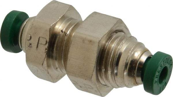 Parker - 1/8" Outside Diam, Nickel Plated Brass Push-to-Connect Tube Bulkhead Union - 300 Max psi, Tube to Tube Connection, Buna-N O-Ring - Eagle Tool & Supply