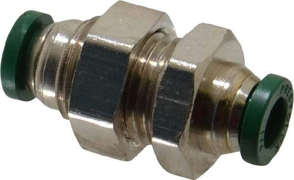 Parker - 1/4" Outside Diam, Nickel Plated Brass Push-to-Connect Tube Bulkhead Union - 300 Max psi, Tube to Tube Connection, Buna-N O-Ring - Eagle Tool & Supply