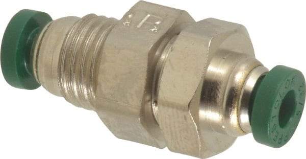 Parker - 5/32" Outside Diam, Nickel Plated Brass Push-to-Connect Tube Bulkhead Union - 300 Max psi, Tube to Tube Connection, Buna-N O-Ring - Eagle Tool & Supply