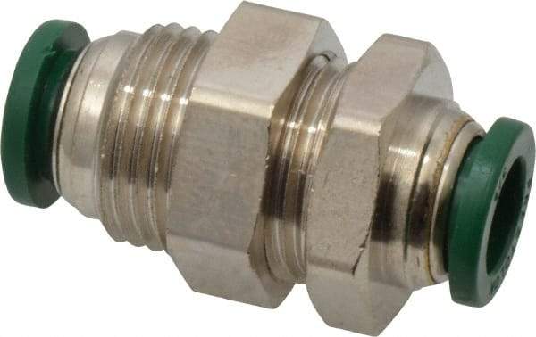 Parker - 3/8" Outside Diam, Nickel Plated Brass Push-to-Connect Tube Bulkhead Union - 300 Max psi, Tube to Tube Connection, Buna-N O-Ring - Eagle Tool & Supply