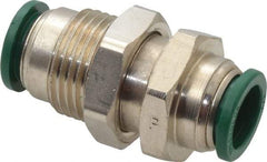 Parker - 1/2" Outside Diam, Nickel Plated Brass Push-to-Connect Tube Bulkhead Union - 300 Max psi, Tube to Tube Connection, Buna-N O-Ring - Eagle Tool & Supply