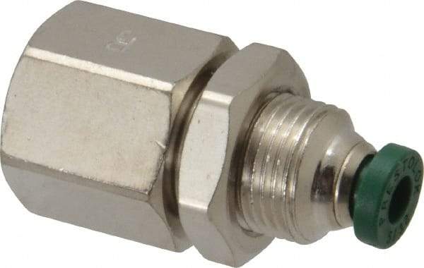 Parker - 5/32" Outside Diam, 1/4 NPTF, Nickel Plated Brass Push-to-Connect Tube Female Bulkhead - 300 Max psi, Tube to Female NPT Connection, Buna-N O-Ring - Eagle Tool & Supply