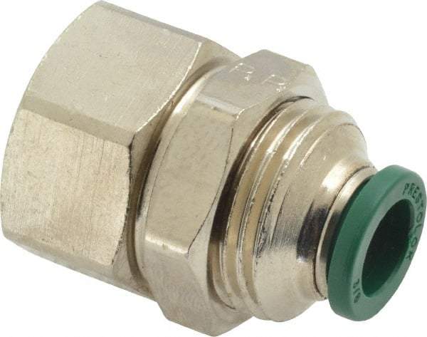 Parker - 3/8" Outside Diam, 3/8 NPTF, Nickel Plated Brass Push-to-Connect Tube Female Bulkhead - 300 Max psi, Tube to Female NPT Connection, Buna-N O-Ring - Eagle Tool & Supply