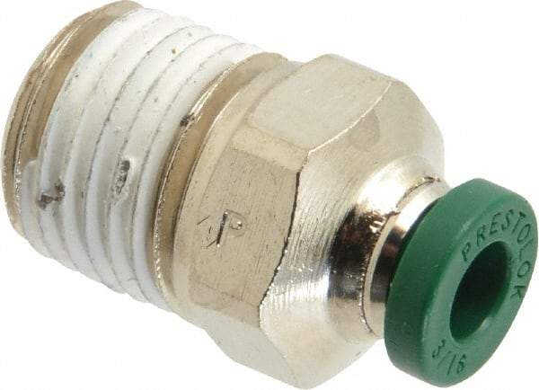 Parker - 3/16" Outside Diam, 1/4 NPTF, Nickel Plated Brass Push-to-Connect Tube Male Connector - 300 Max psi, Tube to Male NPT Connection, Buna-N O-Ring - Eagle Tool & Supply