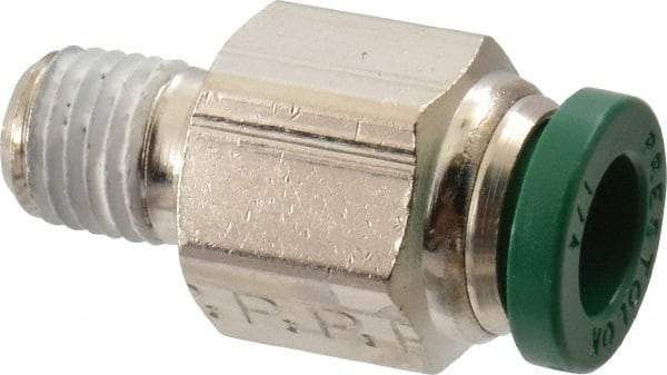 Parker - 1/4" Outside Diam, 1/16 NPTF, Nickel Plated Brass Push-to-Connect Tube Male Connector - 300 Max psi, Tube to Male NPT Connection, Buna-N O-Ring - Eagle Tool & Supply