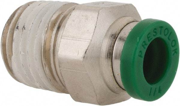 Parker - 1/4" Outside Diam, 1/4 NPTF, Nickel Plated Brass Push-to-Connect Tube Male Connector - 300 Max psi, Tube to Male NPT Connection, Buna-N O-Ring - Eagle Tool & Supply