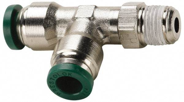 Parker - 1/2" Outside Diam, 1/2 NPTF, Nickel Plated Brass Push-to-Connect Tube Male Swivel Run Tee - 300 Max psi, Tube to Male NPT Connection, Buna-N O-Ring - Eagle Tool & Supply