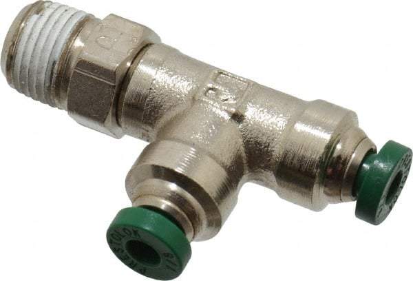 Parker - 1/8" Outside Diam, 1/8 NPTF, Nickel Plated Brass Push-to-Connect Tube Male Swivel Run Tee - 300 Max psi, Tube to Male NPT Connection, Buna-N O-Ring - Eagle Tool & Supply