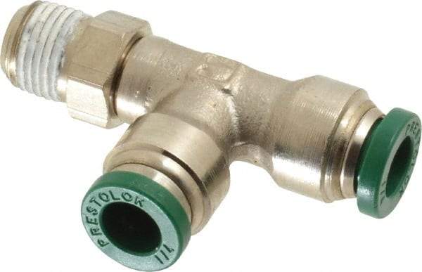 Parker - 1/4" Outside Diam, 1/8 NPTF, Nickel Plated Brass Push-to-Connect Tube Male Swivel Run Tee - 300 Max psi, Tube to Male NPT Connection, Buna-N O-Ring - Eagle Tool & Supply