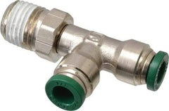 Parker - 1/4" Outside Diam, 1/4 NPTF, Nickel Plated Brass Push-to-Connect Tube Male Swivel Run Tee - 300 Max psi, Tube to Male NPT Connection, Buna-N O-Ring - Eagle Tool & Supply