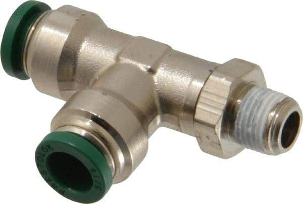 Parker - 5/16" Outside Diam, 1/8 NPTF, Nickel Plated Brass Push-to-Connect Tube Male Swivel Run Tee - 300 Max psi, Tube to Male NPT Connection, Buna-N O-Ring - Eagle Tool & Supply