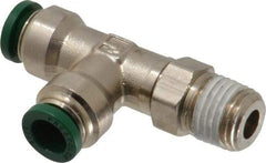 Parker - 5/16" Outside Diam, 1/4 NPTF, Nickel Plated Brass Push-to-Connect Tube Male Swivel Run Tee - 300 Max psi, Tube to Male NPT Connection, Buna-N O-Ring - Eagle Tool & Supply