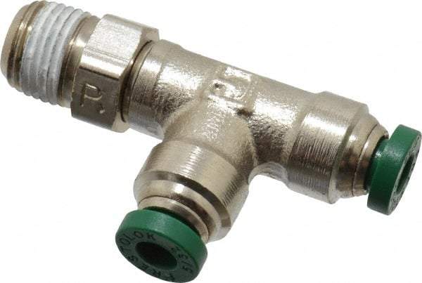 Parker - 5/32" Outside Diam, 1/8 NPTF, Nickel Plated Brass Push-to-Connect Tube Male Swivel Run Tee - 300 Max psi, Tube to Male NPT Connection, Buna-N O-Ring - Eagle Tool & Supply