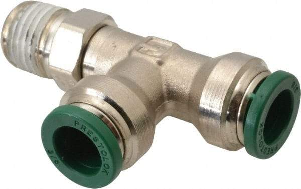 Parker - 3/8" Outside Diam, 1/4 NPTF, Nickel Plated Brass Push-to-Connect Tube Male Swivel Run Tee - 300 Max psi, Tube to Male NPT Connection, Buna-N O-Ring - Eagle Tool & Supply