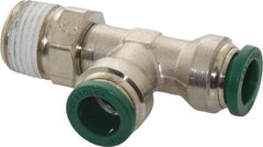 Parker - 3/8" Outside Diam, 3/8 NPTF, Nickel Plated Brass Push-to-Connect Tube Male Swivel Run Tee - 300 Max psi, Tube to Male NPT Connection, Buna-N O-Ring - Eagle Tool & Supply