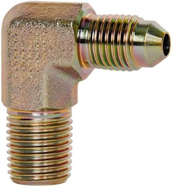 Voss - 7/16-20 x 1/4 Male Thread, Zinc Plated Carbon Steel Industrial Pipe 90° Elbow Adapter - MJIC x MBSPT - Eagle Tool & Supply
