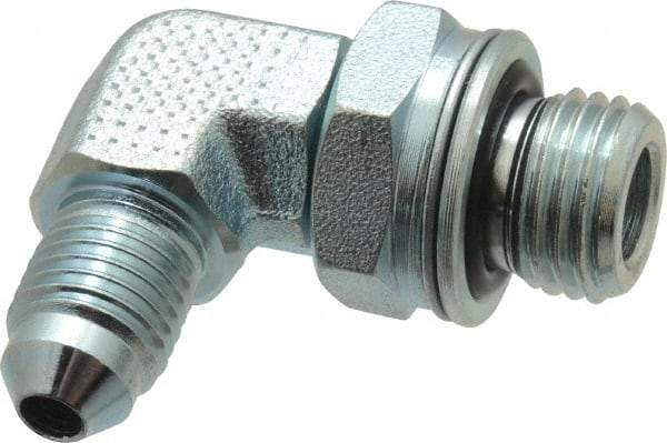 Voss - 7/16-20 x M14x1.5 Male Thread, Zinc Plated Carbon Steel Industrial Pipe 90° Elbow Adapter - MJIC x Male Metric - Eagle Tool & Supply