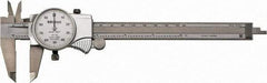 Mitutoyo - 0" to 6" Range, 0.001" Graduation, 0.1" per Revolution, Dial Caliper - White Face, 1-9/16" Jaw Length, Accurate to 0.0010" - Eagle Tool & Supply