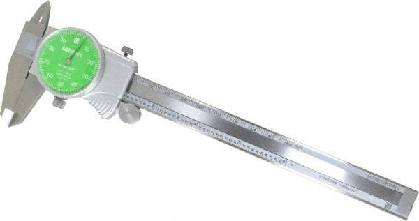 Mitutoyo - 0mm to 6" Range, 0.001" Graduation, 0.1" per Revolution, Dial Caliper - Green Face, 1-9/16" Jaw Length, Accurate to 0.0010" - Eagle Tool & Supply
