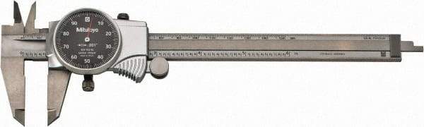 Mitutoyo - 0mm to 6" Range, 0.001" Graduation, 0.1" per Revolution, Dial Caliper - Black Face, 1-9/16" Jaw Length, Accurate to 0.0010" - Eagle Tool & Supply