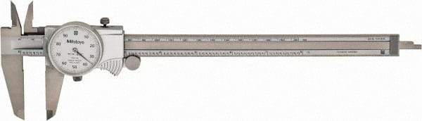 Mitutoyo - 8" Max, 0.001" Graduation, 0.1" per Revolution, Dial Caliper - White Face, 1.9688" Jaw Length, Accurate to 0.0020" - Eagle Tool & Supply