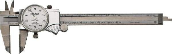 Mitutoyo - 0mm to 6" Range, 0.001" Graduation, 0.1" per Revolution, Dial Caliper - White Face, 1-9/16" Jaw Length, Accurate to 0.0010" - Eagle Tool & Supply