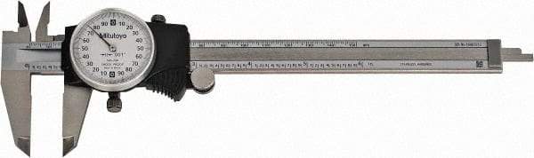 Mitutoyo - 0mm to 6" Range, 0.001" Graduation, 0.2" per Revolution, Dial Caliper - White Face, 1-9/16" Jaw Length, Accurate to 0.0010" - Eagle Tool & Supply