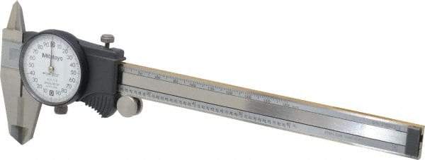 Mitutoyo - 0mm to 6" Range, 0.001" Graduation, 0.2" per Revolution, Dial Caliper - White Face, 1-9/16" Jaw Length, Accurate to 0.0010" - Eagle Tool & Supply