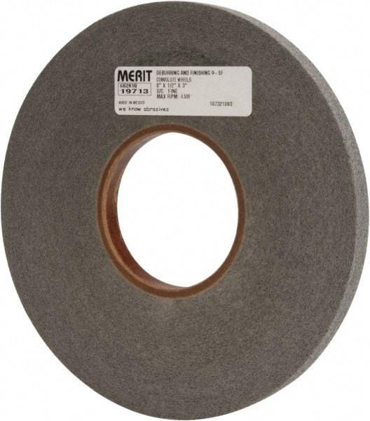 Merit Abrasives - 8" Diam, 1/2" Face Width, 3" Center Hole, Fine Grade, Silicon Carbide Deburring Wheel - Convolute, Hard Density 9 Grade, 4,500 RPM - Eagle Tool & Supply