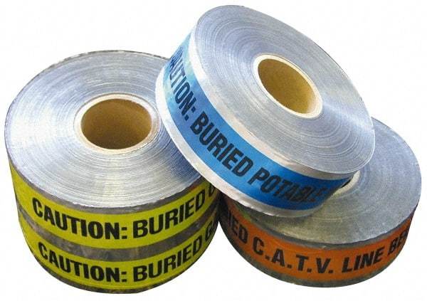 NMC - Caution: Buried Storm Drain Line Below, Detectable Underground Tape - 1,000 Ft. Long x 6 Inch Wide Roll, Polyethylene on Aluminum, 5 mil Thick, Green - Eagle Tool & Supply