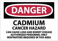 NMC - "Danger - Cadmium Cancer Hazard - Can Cause Lung and Kidney Disease - Authorized Personnel Only - Respirators Required...", 10" Long x 14" Wide, Pressure-Sensitive Vinyl Safety Sign - Rectangle, 0.004" Thick, Use for Security & Admittance - Eagle Tool & Supply