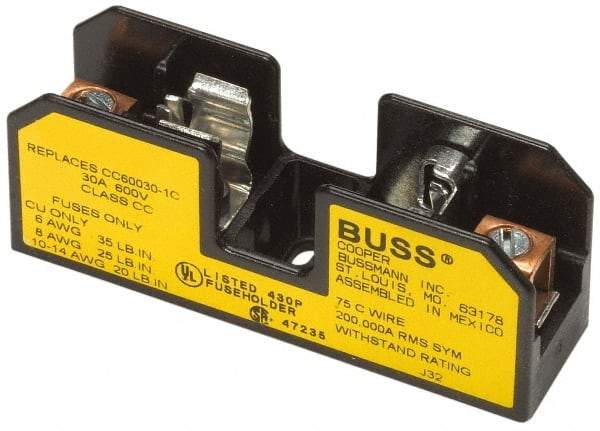 Cooper Bussmann - 1 Pole, 10 to 14 AWG, 600 VAC/VDC, 15 Amp, DIN Rail Mount Fuse Block - 3 Inch Long x 0.86 Inch Wide x 1.22 Inch High Block - Eagle Tool & Supply