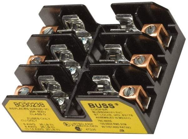 Cooper Bussmann - 3 Pole, 14 to 6 AWG, 480 VAC/VDC, 30 Amp, DIN Rail Mount Fuse Block - 3 Inch Long x 2.38 Inch Wide x 1.22 Inch High Block - Eagle Tool & Supply