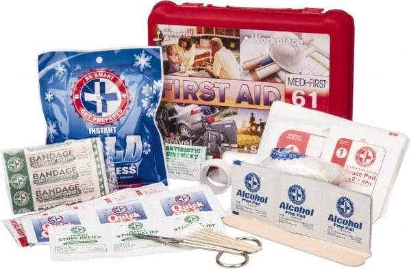 Medique - 61 Piece, Multipurpose/Auto/Travel First Aid Kit - 8" Wide x 2-1/2" Deep x 6" High, Plastic Case - Eagle Tool & Supply