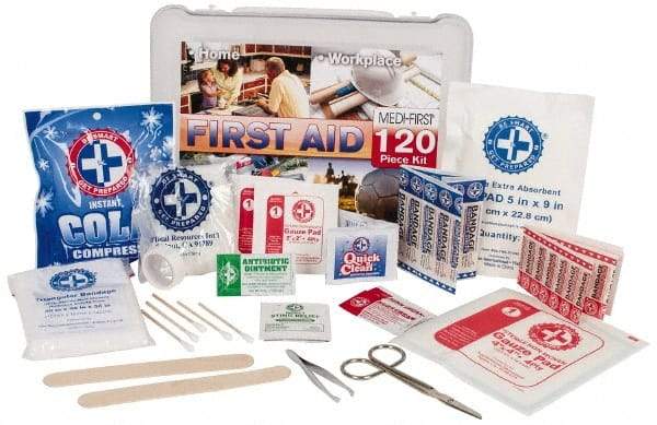 Medique - 120 Piece, Multipurpose/Auto/Travel First Aid Kit - 10" Wide x 3-1/2" Deep x 7-1/2" High, Plastic Case - Eagle Tool & Supply