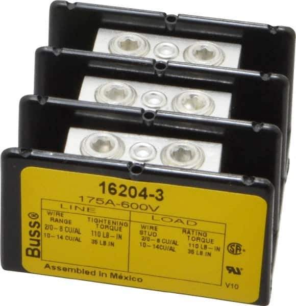 Cooper Bussmann - 3 Poles, 175 Amp, 2/0-8 AWG (Cu/Al) Primary, 2/0-8 AWG (Cu/Al) Secondary, Thermoplastic Power Distribution Block - 600 VAC/VDC, 1 Primary Connection, 5.2 Inch Long x 3.32 Inch Deep x 4 Inch High - Eagle Tool & Supply