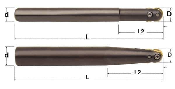 Minicut International - 3/4" Cut Diam, 0.512" Max Depth of Cut, 1" Shank Diam, 9.437" OAL, Indexable Ball Nose End Mill - 3" Head Length, Straight Shank, BNMI Toolholder, BNSI 0750 Insert - Eagle Tool & Supply