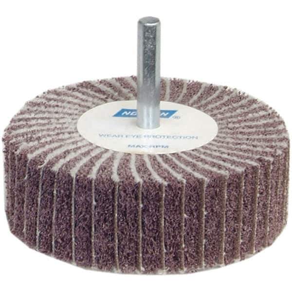 Norton - 2" Diam x 1" Face Width, Medium Ceramic Alumina Nonwoven & Coated Mounted Flap Wheel - 1/4" Shank Mount, 60 Grit, Interleaf, 12,000 Max RPM - Eagle Tool & Supply