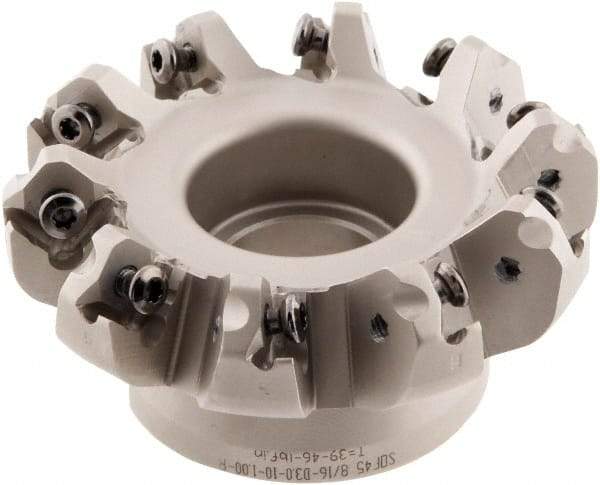 Iscar - 3" Cut Diam, 1" Arbor Hole, 0.138" Max Depth of Cut, 45° Indexable Chamfer & Angle Face Mill - 10 Inserts, ONHU 0505\xB6OXMT 0507\xB6S845 SN.U 1305 Insert, Right Hand Cut, 10 Flutes, Series Helido - Eagle Tool & Supply