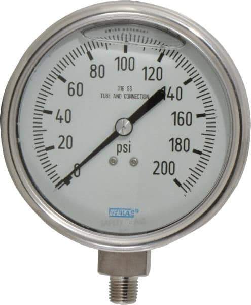 Wika - 4" Dial, 1/4 Thread, 0-200 Scale Range, Pressure Gauge - Lower Connection Mount, Accurate to 1% of Scale - Eagle Tool & Supply