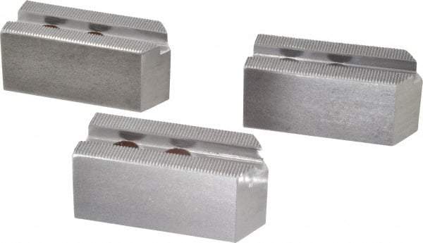 H & R Manufacturing - 1.5mm x 60° Serrated Attachment, Square Soft Lathe Chuck Jaw - 3 Jaws, Steel, 1" Btw Mount Hole Ctrs, 3-1/2" Long x 1-1/2" Wide x 1-1/2" High, 0.551" Groove, 12mm Fastener - Eagle Tool & Supply