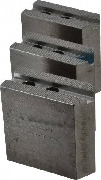 H & R Manufacturing - 1.5mm x 60° Serrated Attachment, Square Soft Lathe Chuck Jaw - 3 Jaws, Steel, 1" Btw Mount Hole Ctrs, 3-1/2" Long x 1-1/2" Wide x 3-1/2" High, 0.551" Groove, 12mm Fastener - Eagle Tool & Supply