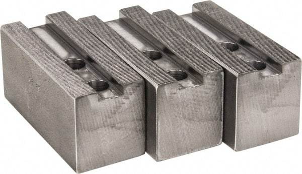 H & R Manufacturing - 1.5mm x 60° Serrated Attachment, Square Soft Lathe Chuck Jaw - 3 Jaws, Steel, 1.181" Btw Mount Hole Ctrs, 4" Long x 1-3/4" Wide x 2" High, 0.63" Groove, 12mm Fastener - Eagle Tool & Supply