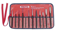 Proto - 12 Piece Punch & Chisel Set - 13/64 to 1/2" Chisel, 3/8 to 3/16" Punch, Round Shank - Eagle Tool & Supply