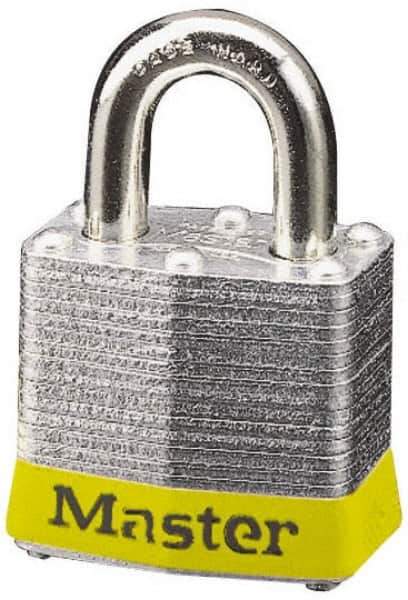 Master Lock - Keyed Alike Retaining Key Conductive Lockout Padlock - 3/4" Shackle Clearance, 9/32" Shackle Diam, 1-1/4" Body Height x 1-9/16" Body Width, Yellow, 4 Pins - Eagle Tool & Supply